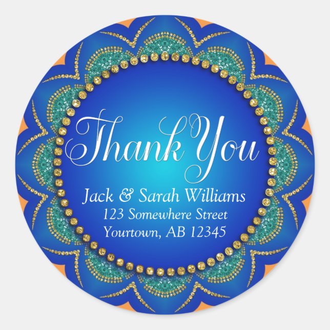 Exotic Blue Orange Wedding Favour Thank You Sticke Classic Round Sticker (Front)