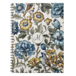 Exotic Boho Blue & Gold Floral Monogram Notebook