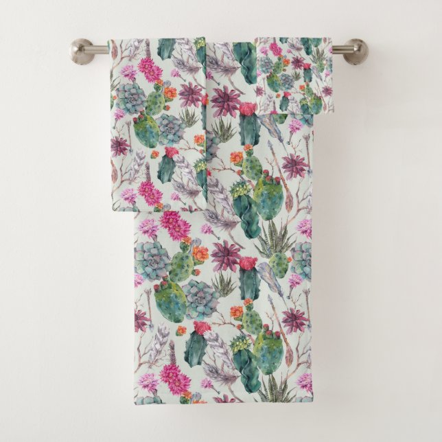 Exotic Boho Watercolor Cactus & Succulent Pattern Bath Towel Set (Insitu)