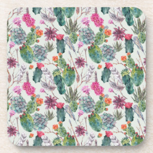 Exotic Boho Watercolor Cactus & Succulent Pattern Coaster