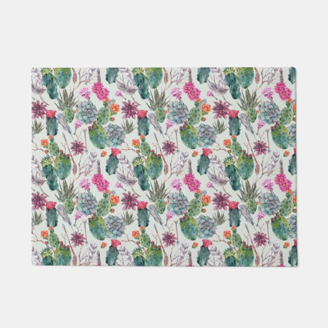 Exotic Boho Watercolor Cactus & Succulent Pattern Doormat (Front)