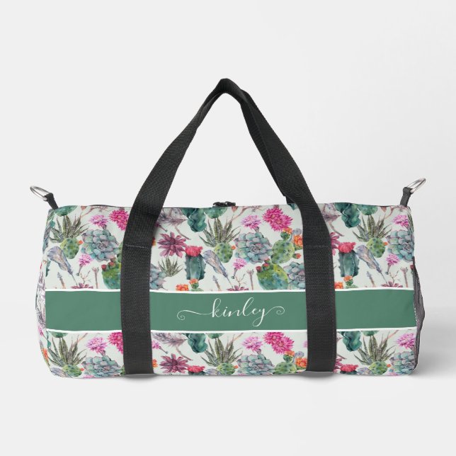 Exotic Boho Watercolor Cactus & Succulent Pattern Duffle Bag (Front)