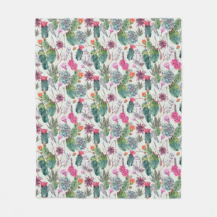 Exotic Boho Watercolor Cactus & Succulent Pattern Fleece Blanket