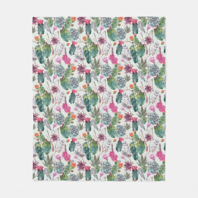 Exotic Boho Watercolor Cactus & Succulent Pattern Fleece Blanket (Front)