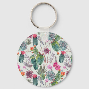 Exotic Boho Watercolor Cactus & Succulent Pattern Key Ring