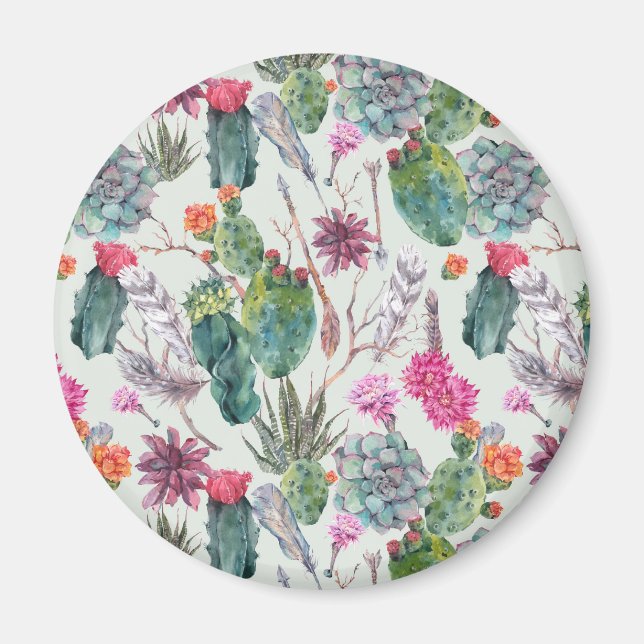 Exotic Boho Watercolor Cactus & Succulent Pattern Magnet (Front)