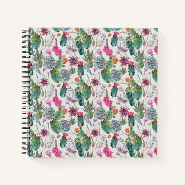 Exotic Boho Watercolor Cactus & Succulent Pattern Notebook (Front)