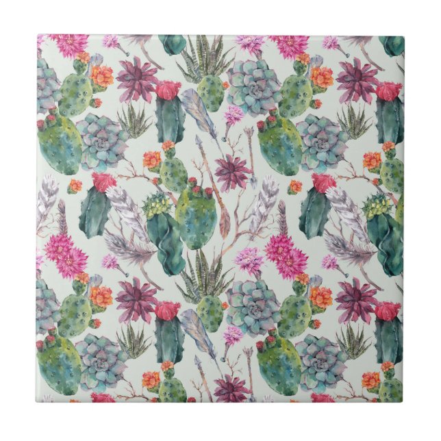 Exotic Boho Watercolor Cactus & Succulent Pattern Tile (Front)