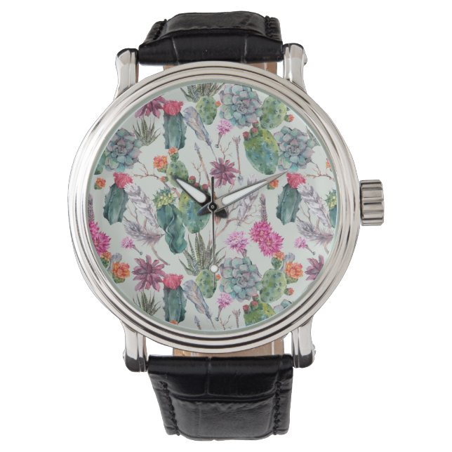 Exotic Boho Watercolor Cactus & Succulent Pattern Watch (Front)