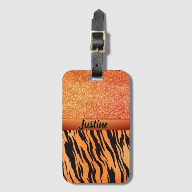 Exotic Bold Glitter Tiger Print Personalised Luggage Tag (Front Vertical)