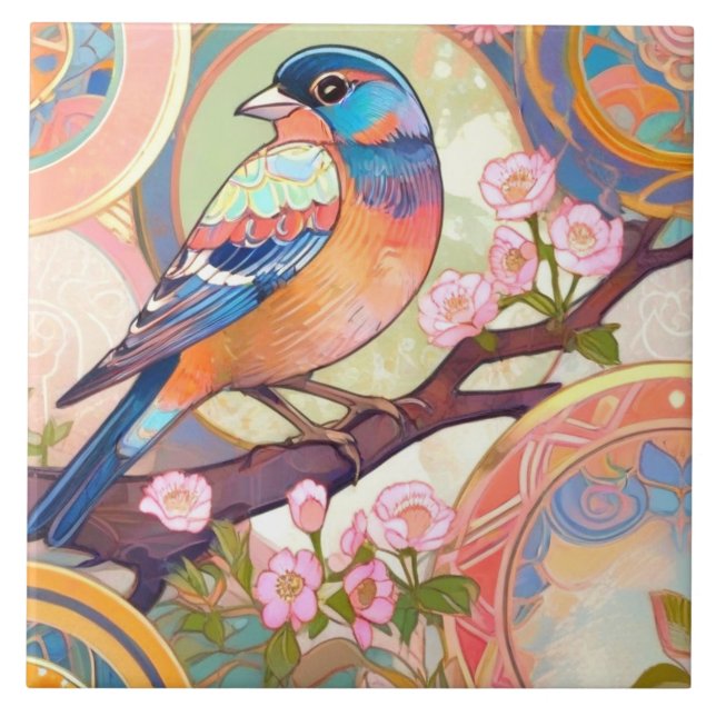 Exotic Colourful Bird Cherry Blossom Flower Floral Tile (Front)