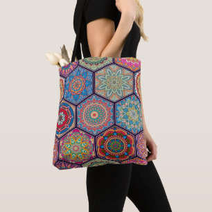 Exotic Colourful Floral Hexagonal Quilt Hexie Boho Tote Bag