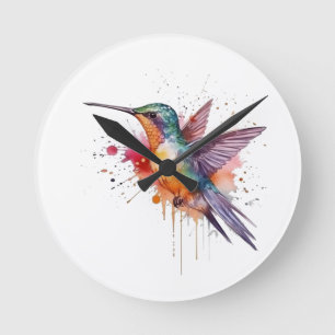 exotic colourful hummingbird in flight watercolor round clock