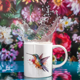 exotic colourful hummingbird in watercolor coffee mug