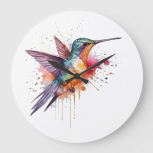 exotic colourful hummingbird in watercolor large clock