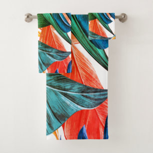 Exotic colourful palm leaves bath towel set