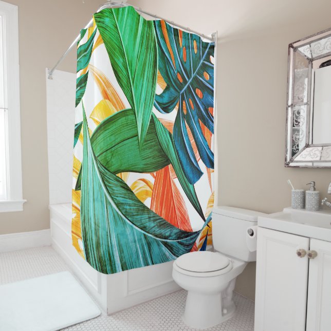 Exotic colourful palm leaves shower curtain (In Situ)
