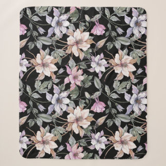 Exotic Columbine: Black Floral Watercolor. Sherpa Blanket