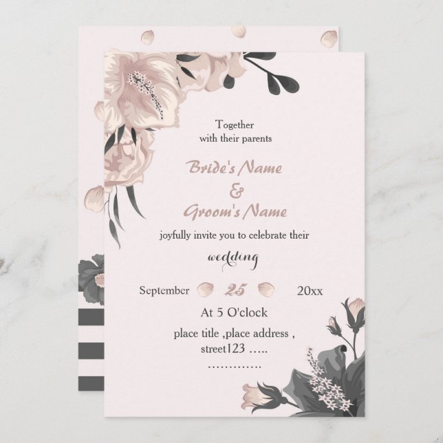 exotic dusty pink dark grey flowers wedding invitation (Front/Back)