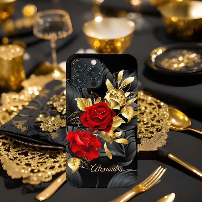 Exotic Elegant Red Rose Floral Rich Gold Black Case-Mate iPhone Case (Creator Uploaded)