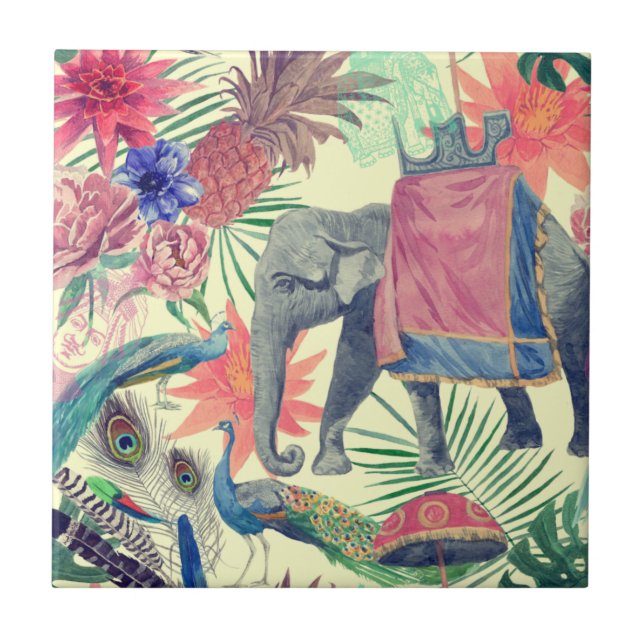 Exotic Elephant Peacock Pretty Tile (Front)