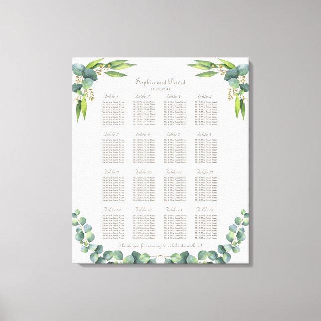 Exotic Eucalyptus Leaves Wedding Seating Chart Canvas Print (Front)