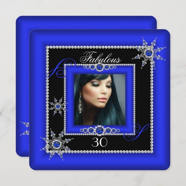 Exotic Fabulous Royal Blue Silver Snowflake Photo Invitation (Front/Back)