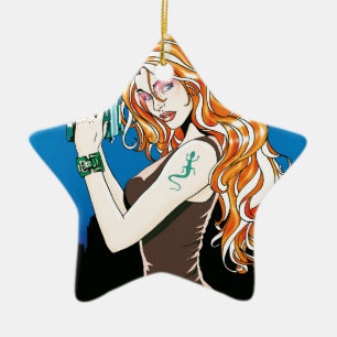 Exotic Female Model With Orange Hair Holding a Gun Ceramic Tree Decoration