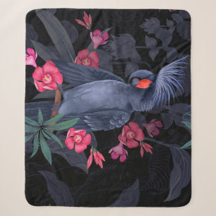 Exotic Floral Black Parrot: Tropical Nature Sherpa Blanket
