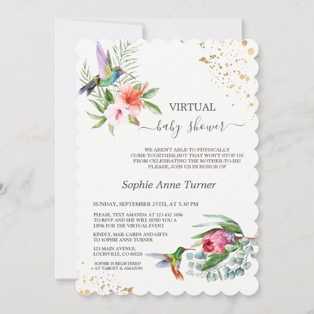 Exotic Floral Hummingbird Virtual Baby Shower Invitation (Front)