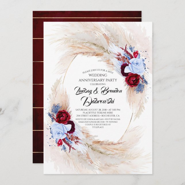 Exotic Floral Pampas Grass Wedding Anniversary Invitation (Front/Back)