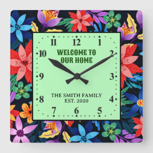 Exotic Floral Pattern Custom Text-68578 Square Wall Clock