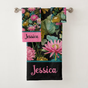 Exotic Floral Pattern Lush Tropical Leaves Name  Bath Towel Set