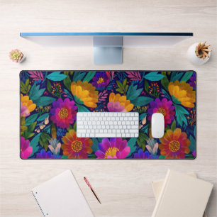 Exotic Flower Blossoms Colourful Botanical Pattern Desk Mat