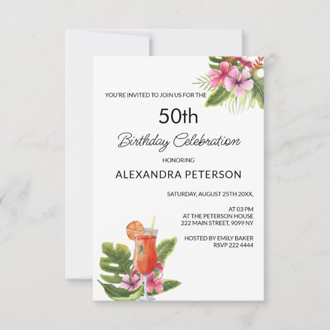 Exotic Flower & Cocktail Birthday Invitation (Front)