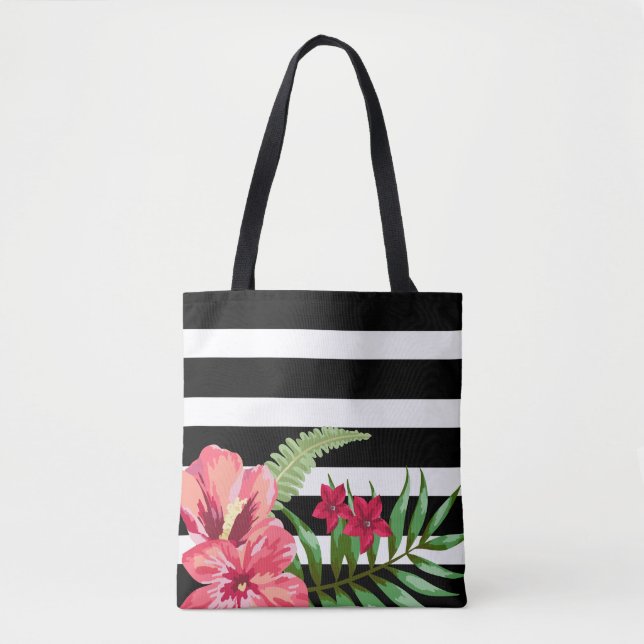 Exotic Flowers And Black White Stripes Tote Bag (Front)