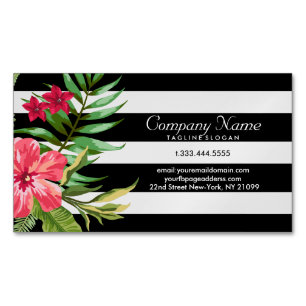 Exotic Flowers And White And Black Stripes Magnetic Business Card