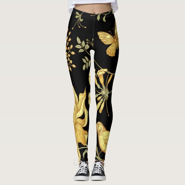 Exotic Flowers Birds Vintage Pattern Leggings (Front)