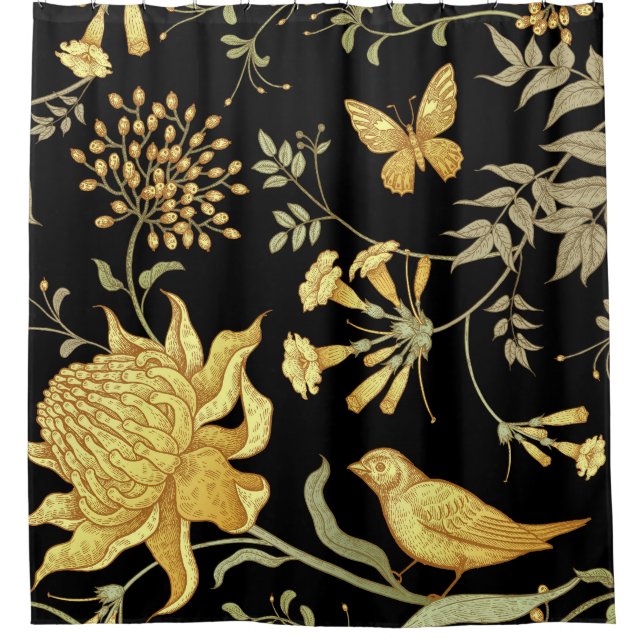 Exotic Flowers Birds Vintage Pattern Shower Curtain (Front)
