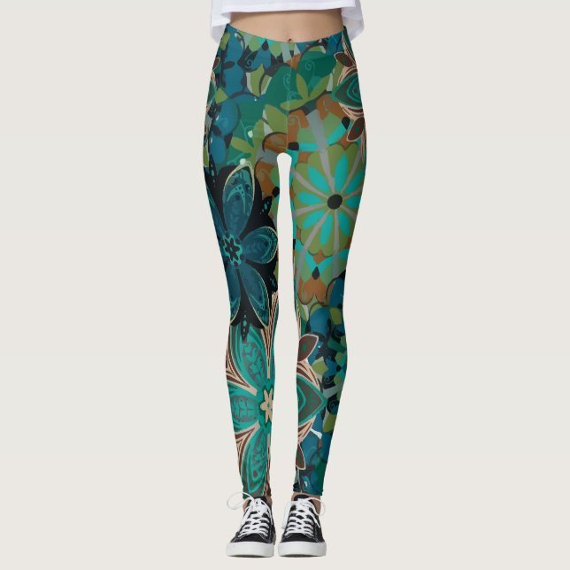 Exotic Flowers Tropical Pattern Leggings (Front)