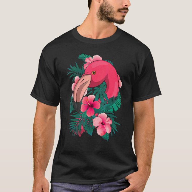 Exotic Flowers Zoo Bird Tropical Animal  Pink Flam T-Shirt (Front)