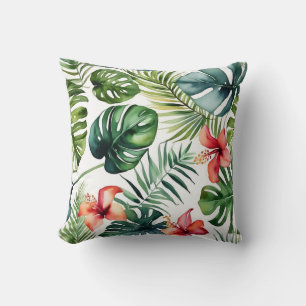 Exotic Foliage Tropical Watercolor And Flowers Cushion