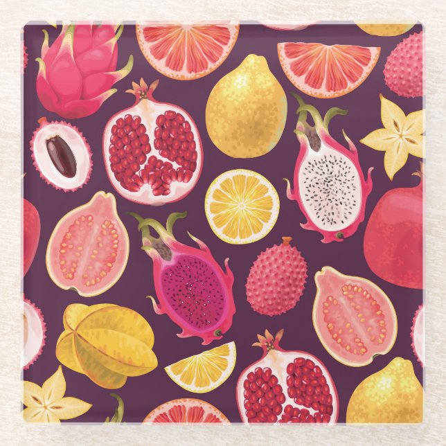 Exotic fruit: colourful seamless pattern glass coaster (Front)