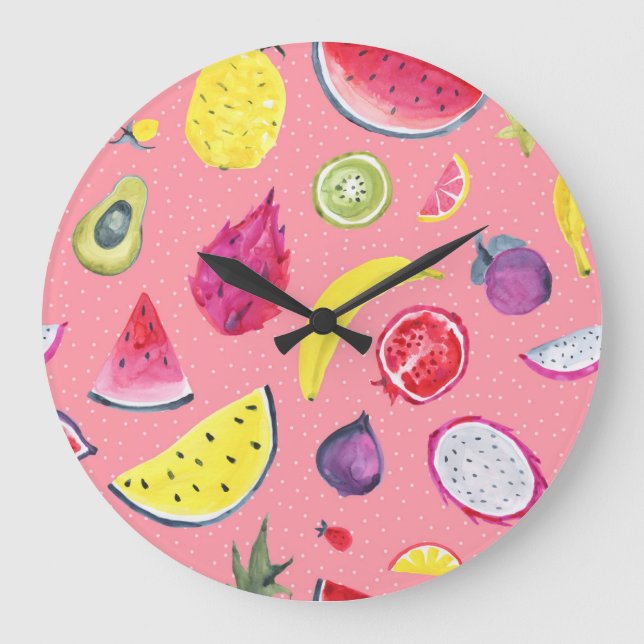 Exotic Fruit: Tropical Hand-Drawn Pattern Large Clock (Front)