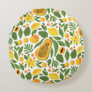 Exotic Fruits Ensemble: Papaya, Lemon, Mango Round Cushion
