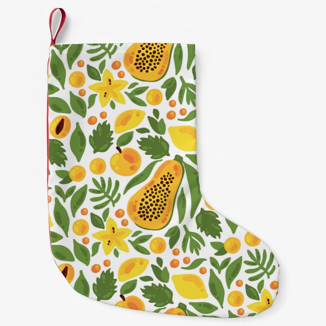 Exotic Fruits Ensemble: Papaya, Lemon, Mango Small Christmas Stocking (Front)