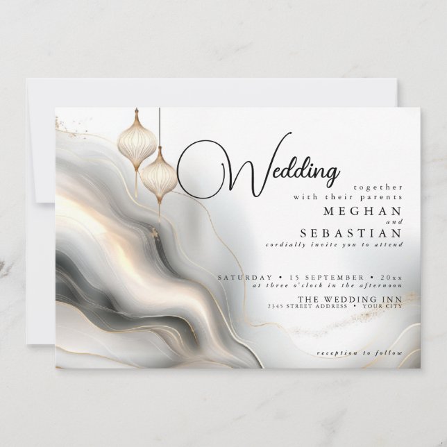 Exotic Gold Charcoal Arabian Flair Invitation (Front)