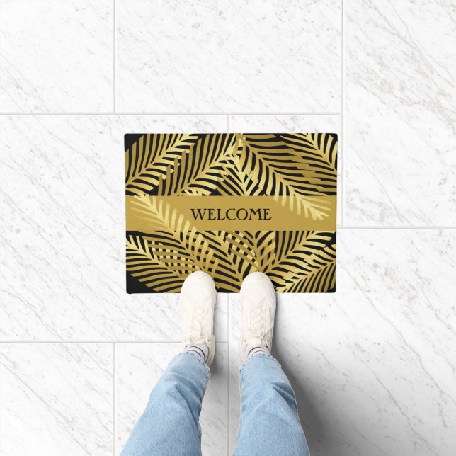 Exotic Golden Palm Leaf Pattern On Black Doormat (Indoor)