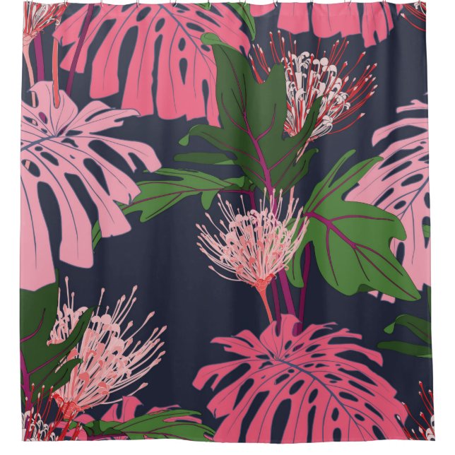 Exotic green and pink tropical palm leaves and pro shower curtain (Front)