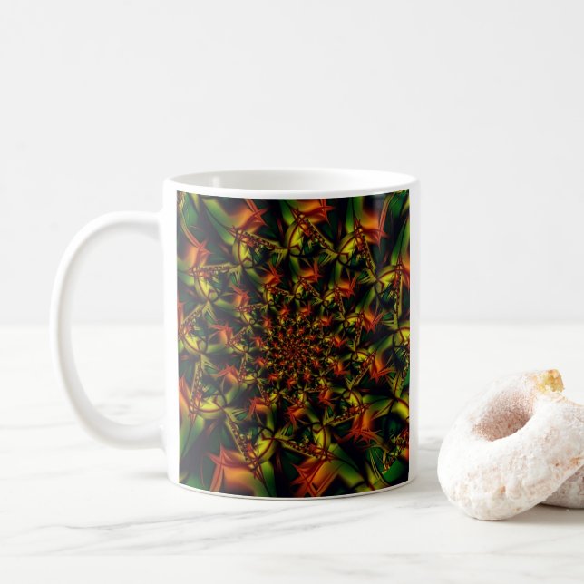 Exotic | Green and Yellow Fractal Art Coffee Mug (With Donut)